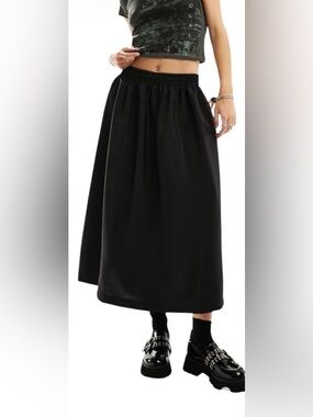 Reclaimed Vintage Black Midi Gathered-Waist Skirt,Size L
